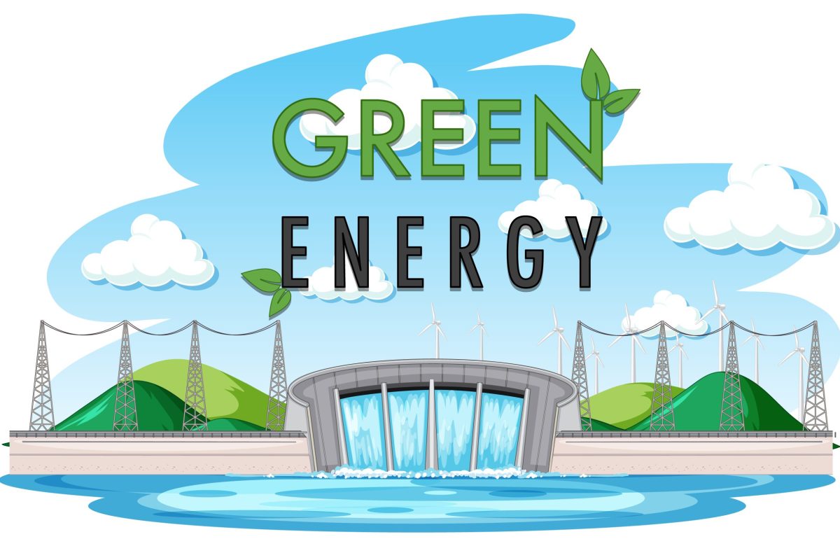 Hydro Power Plants generate electricity with green banner illustration