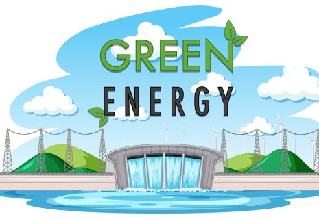 Hydro Power Plants generate electricity with green banner illustration
